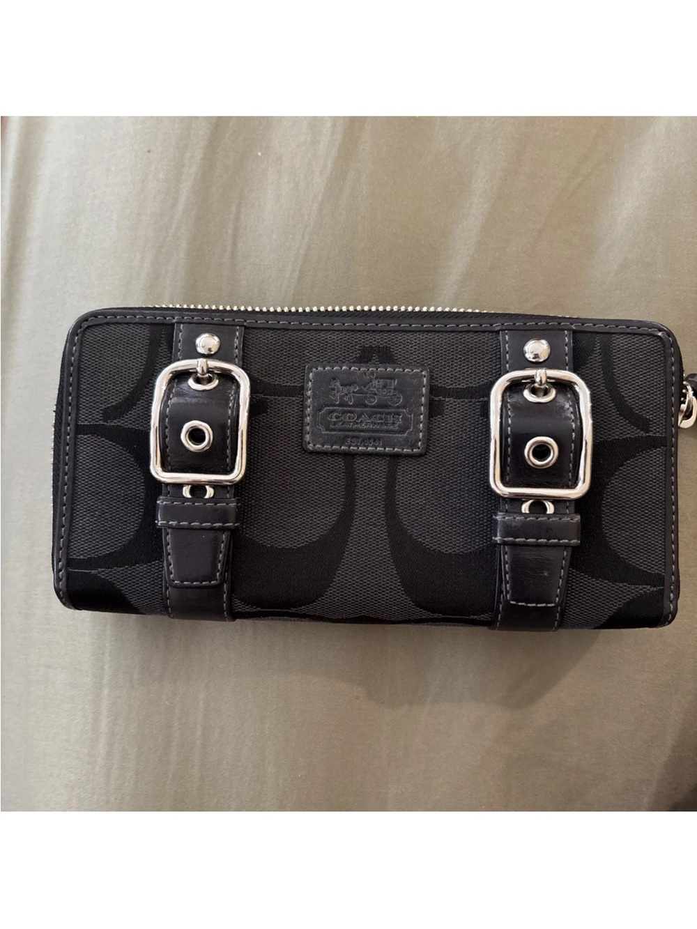 Coach Black Signature Canvas Zip Wallet with Buckle Accents